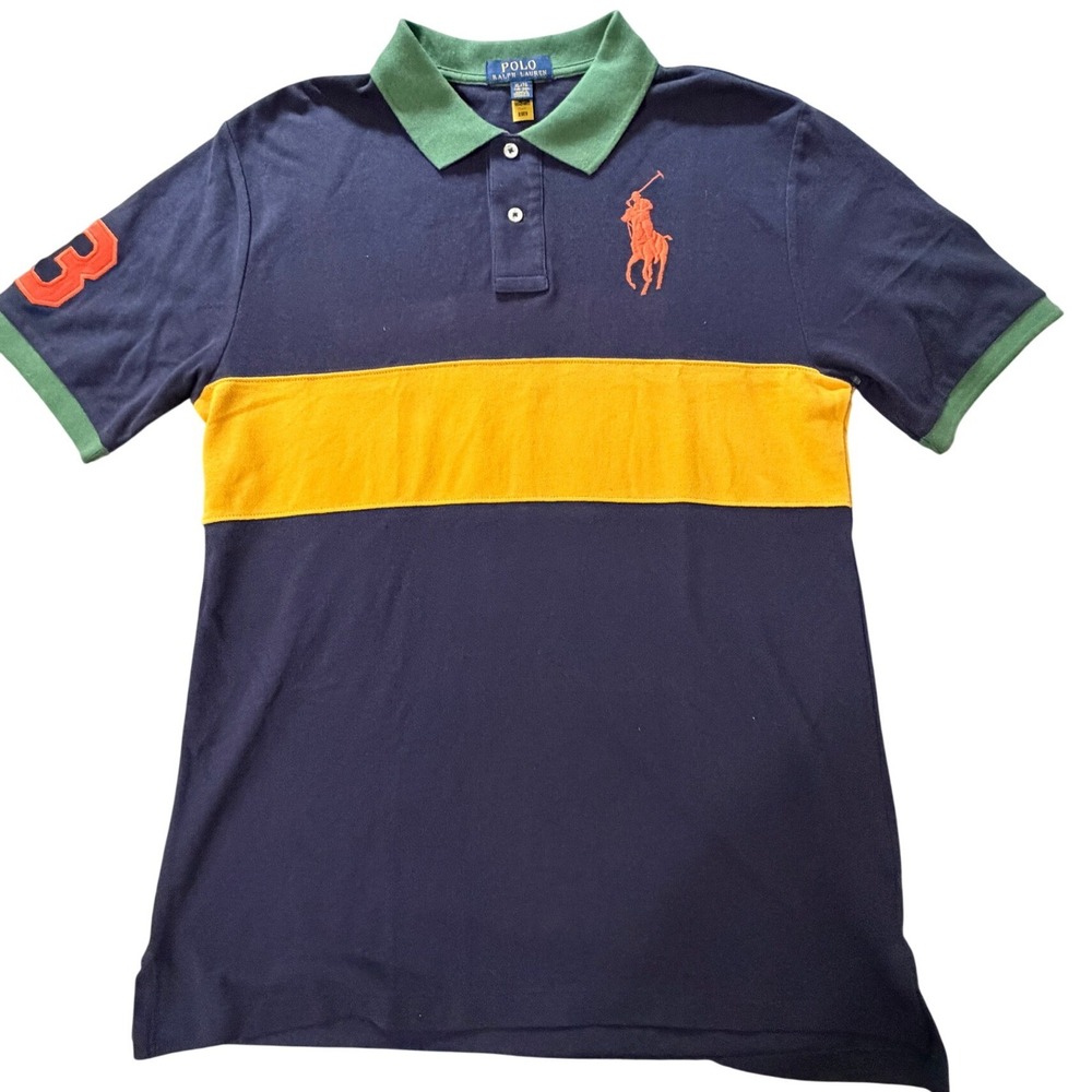 Polo Ralph Lauren Big Pony Colorblock Polo Shirt Navy Yellow Green Youth XL S